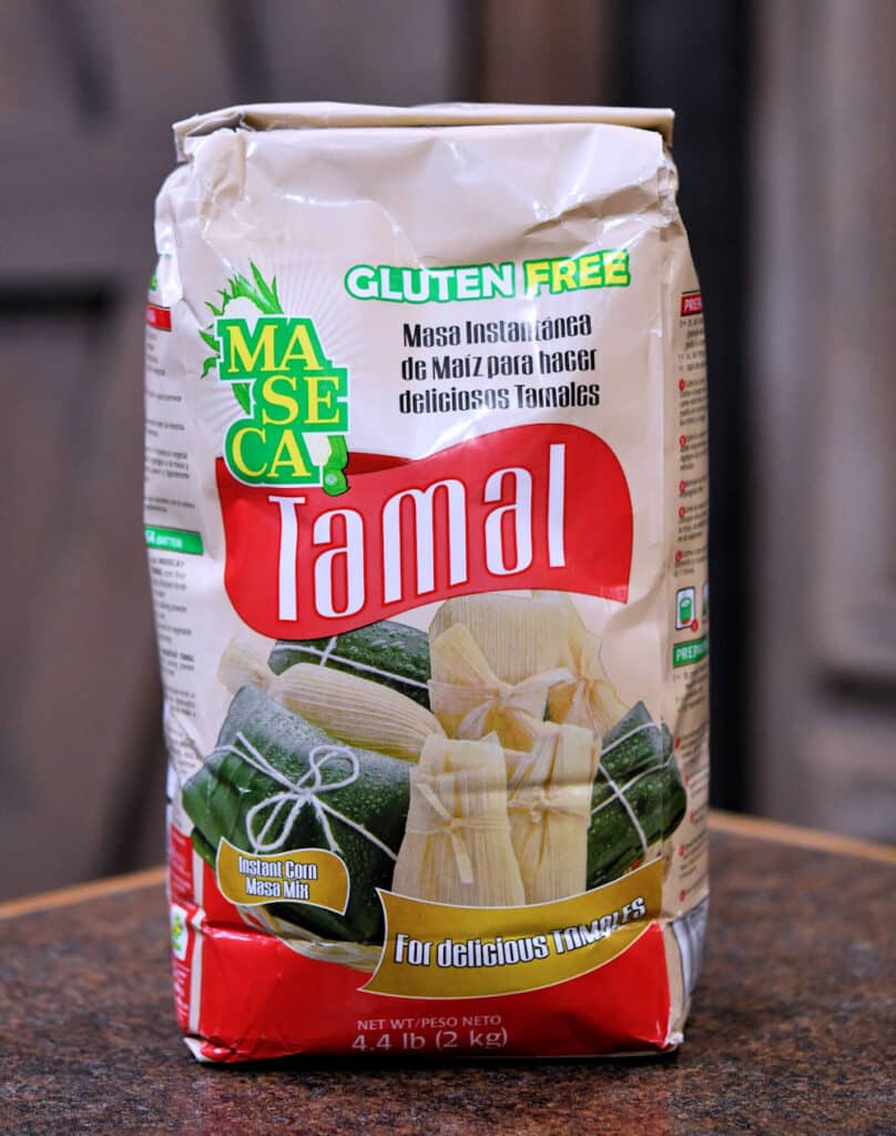A bag of Maseca brand Tamal masa harina or corn flour