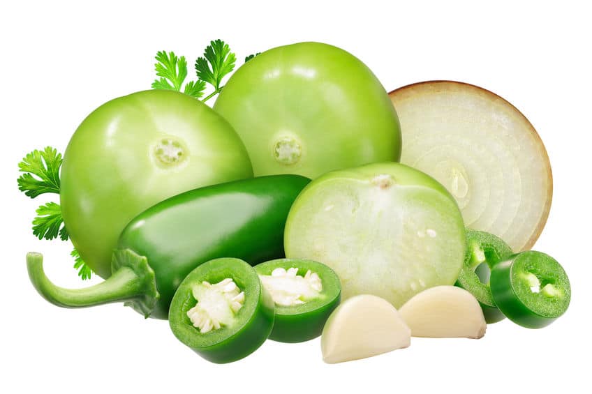 24Bite: Ingredients for Salsa Verde sauce: tomatillos, onion, Jalapeno peppers and garlic, cilantro by Maxim Tatarinov via 123rf.com