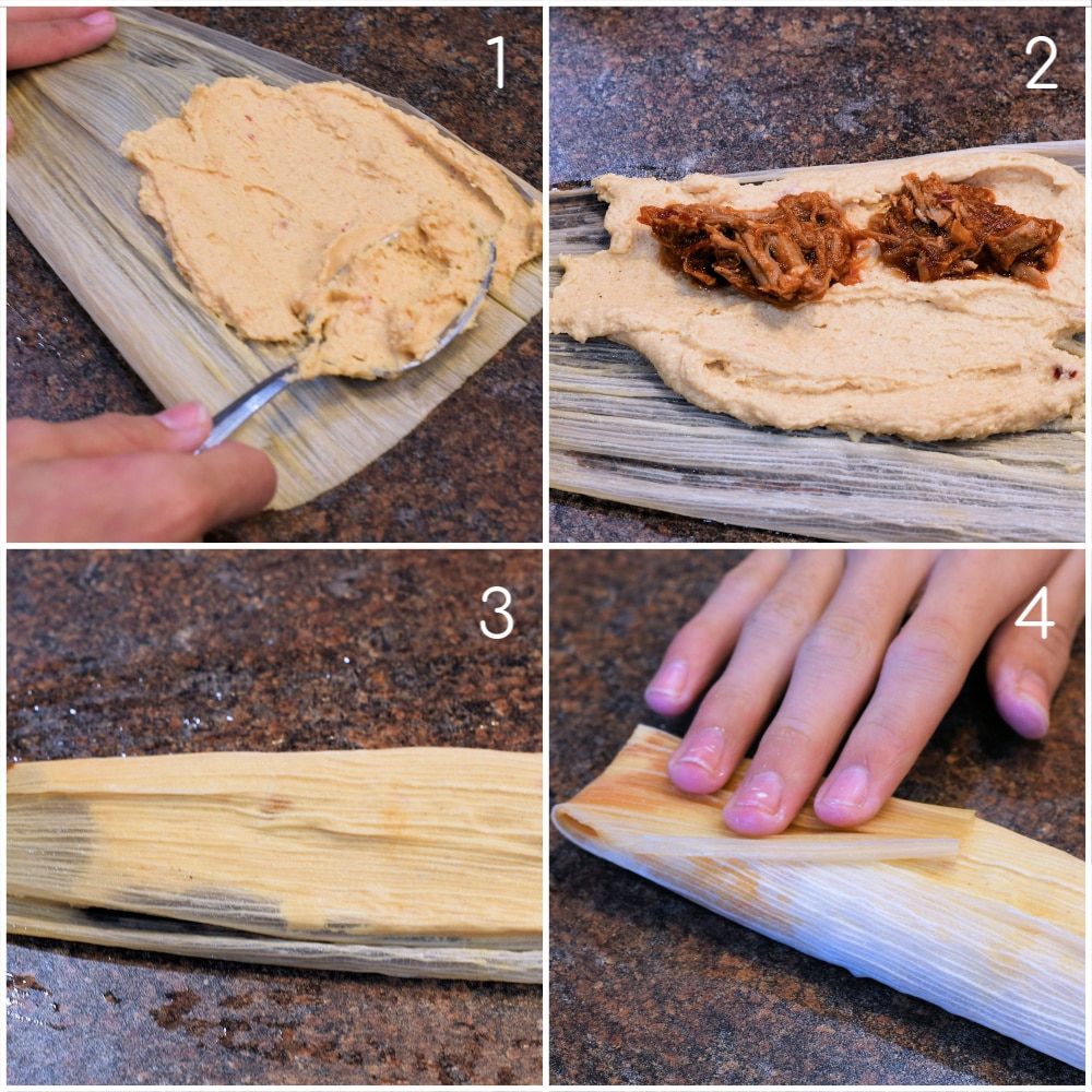 a four image collage showing how to spread roll and fold the tamales before steaming.