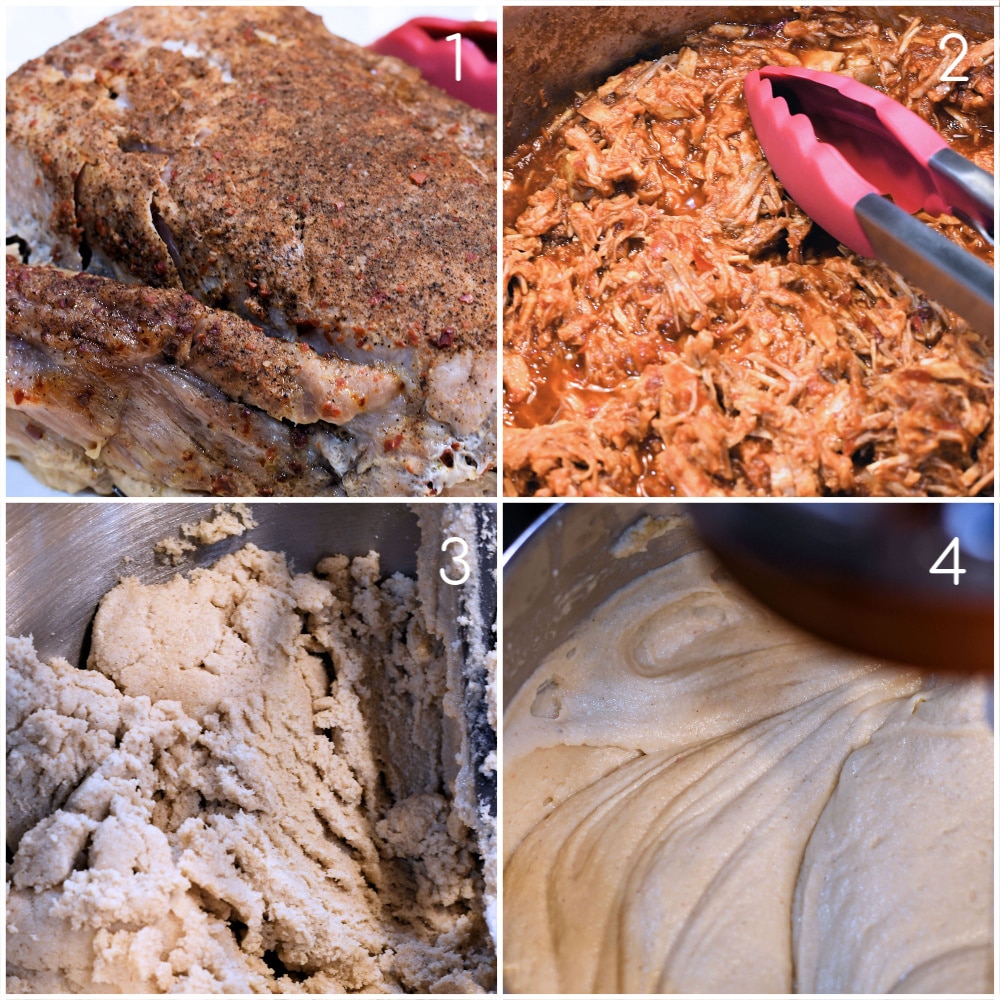 Collage of four step by step pork roast and masa  step out photography