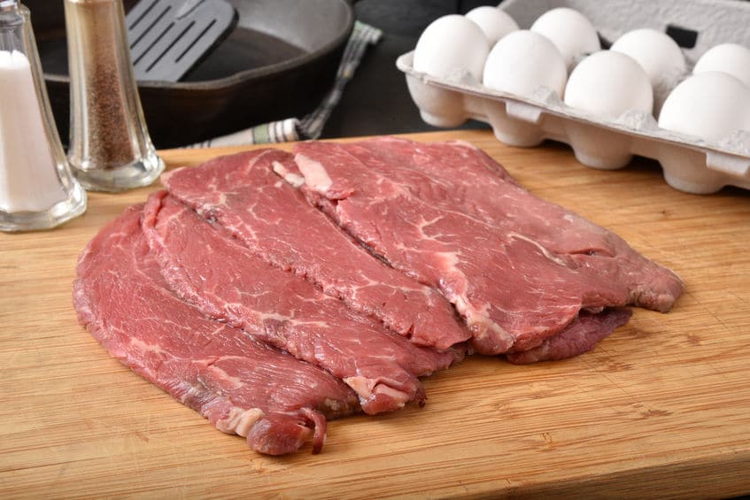Thinly sliced round steak on a cutting board, ready to make milanesa © markstout via 123rf.com
