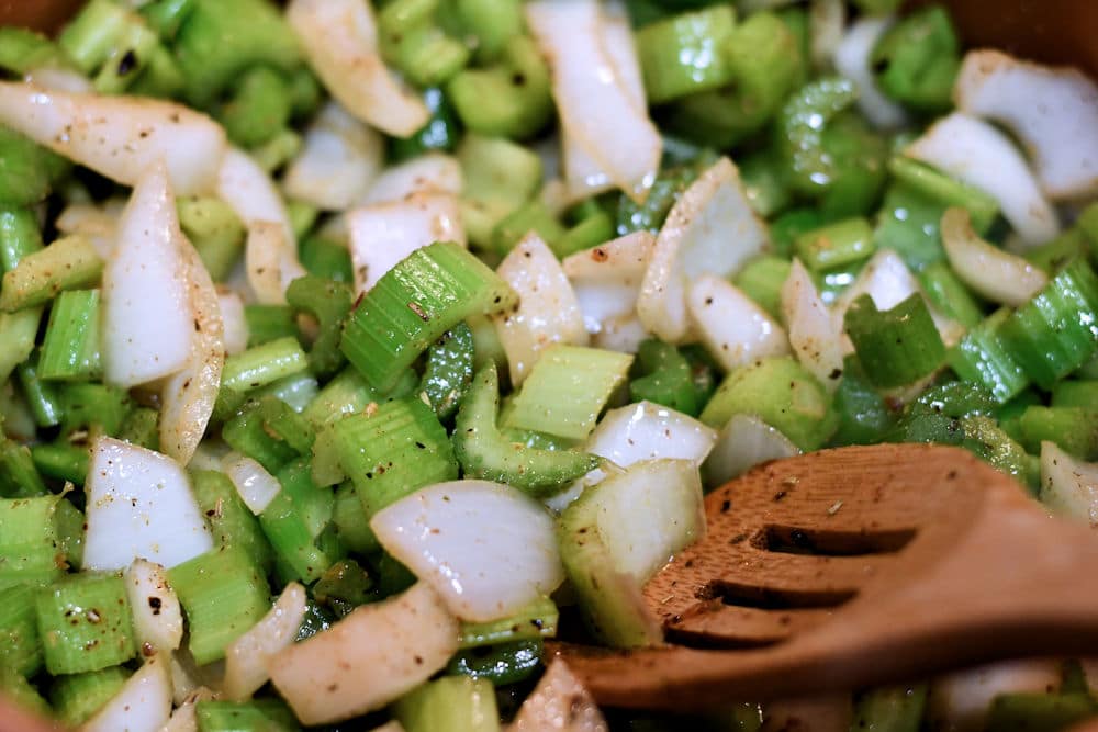 24Bite: Sauteeing vegetables for Vegan Cream of Celery Soup Recipe