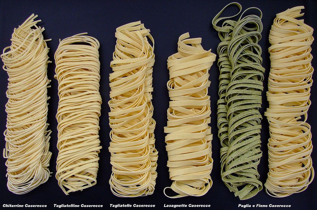 Different shapes and types of tagliatelle pasta: Public domain by ChiemseeMan via Wikimedia