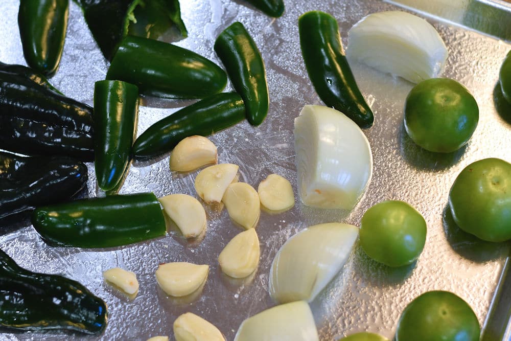 24Bite: Roasting peppers, onions, garlic and tomatillos for tamale sauce