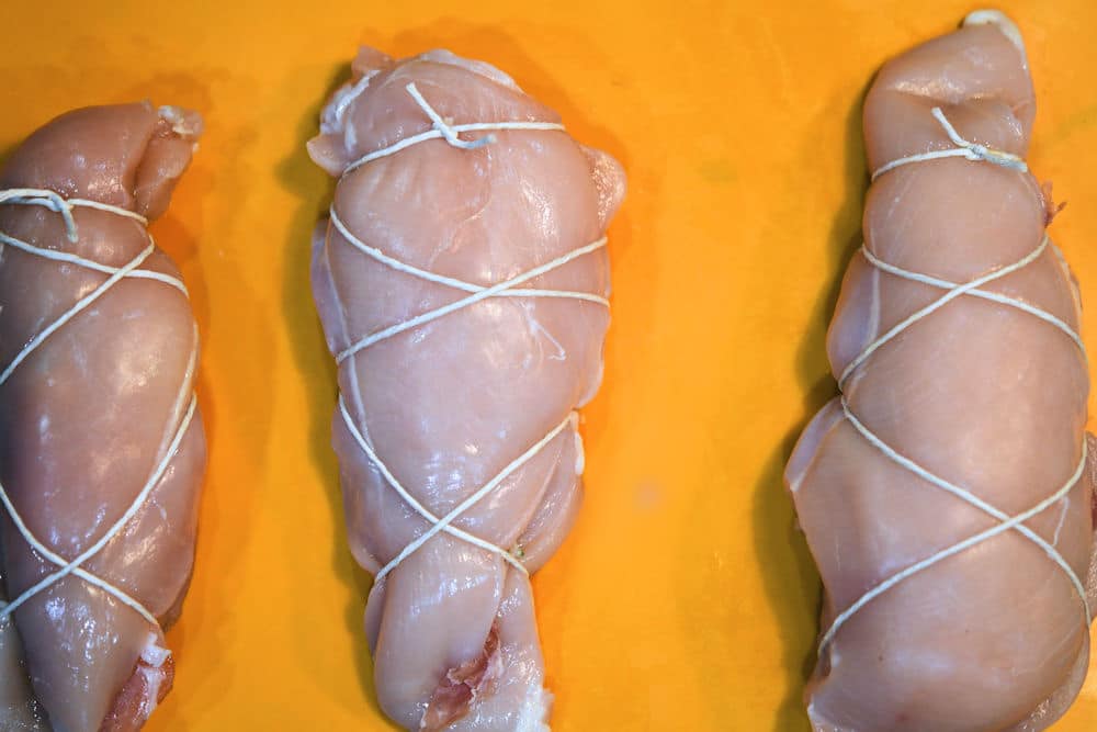 24bite: chicken breast, tied with cotton butcher's twine to hold in the filling