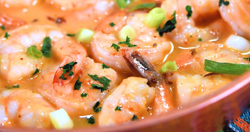 Cooked shrimp in a creamy sauce made of coconut cream and chipotle sauce