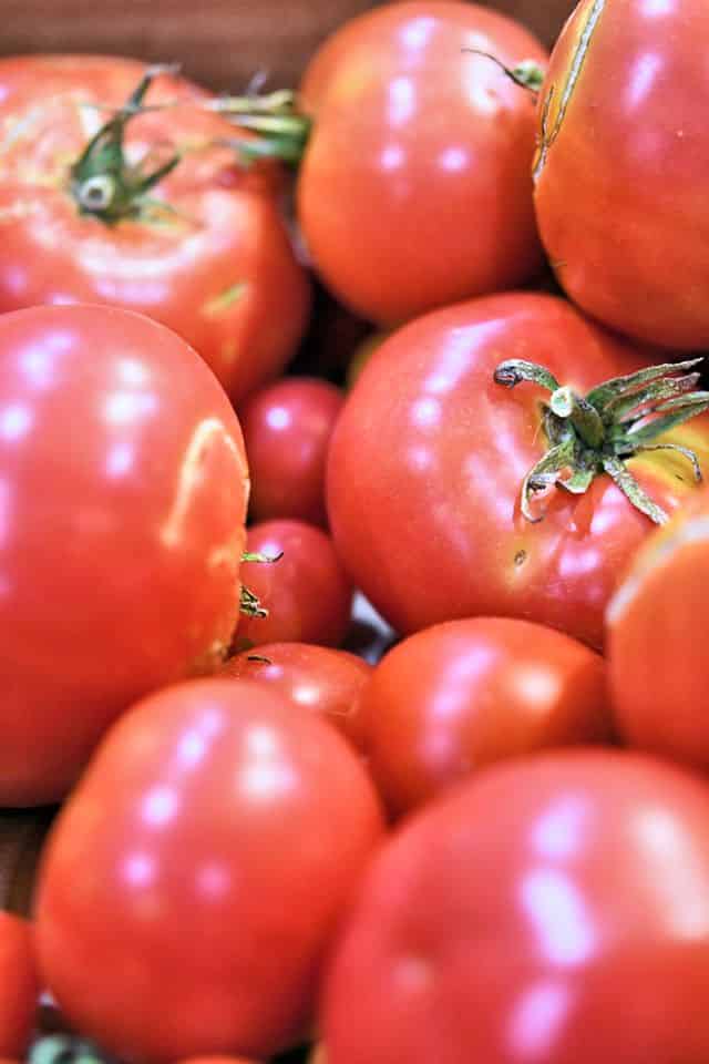 A pile of fresh tomatoes from the garden.