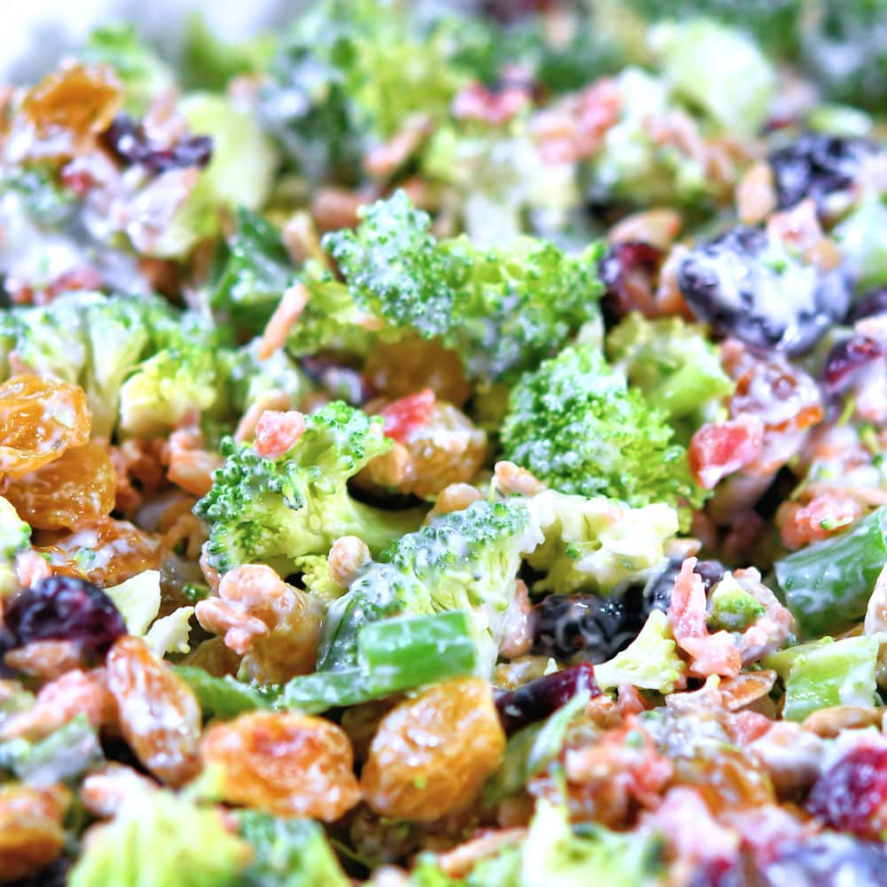 extreme closeup of creamy broccoli salad