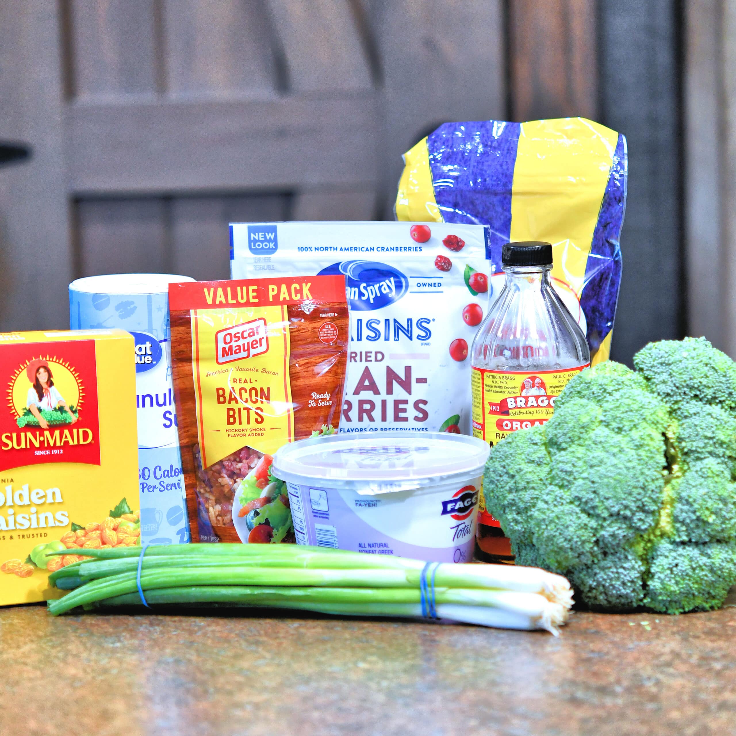 ingredients in broccoli bacon salad, detailed in recipe card