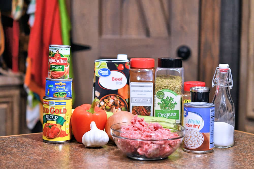 ingredients for hamburger ground beef stew, as detailed in recipe card