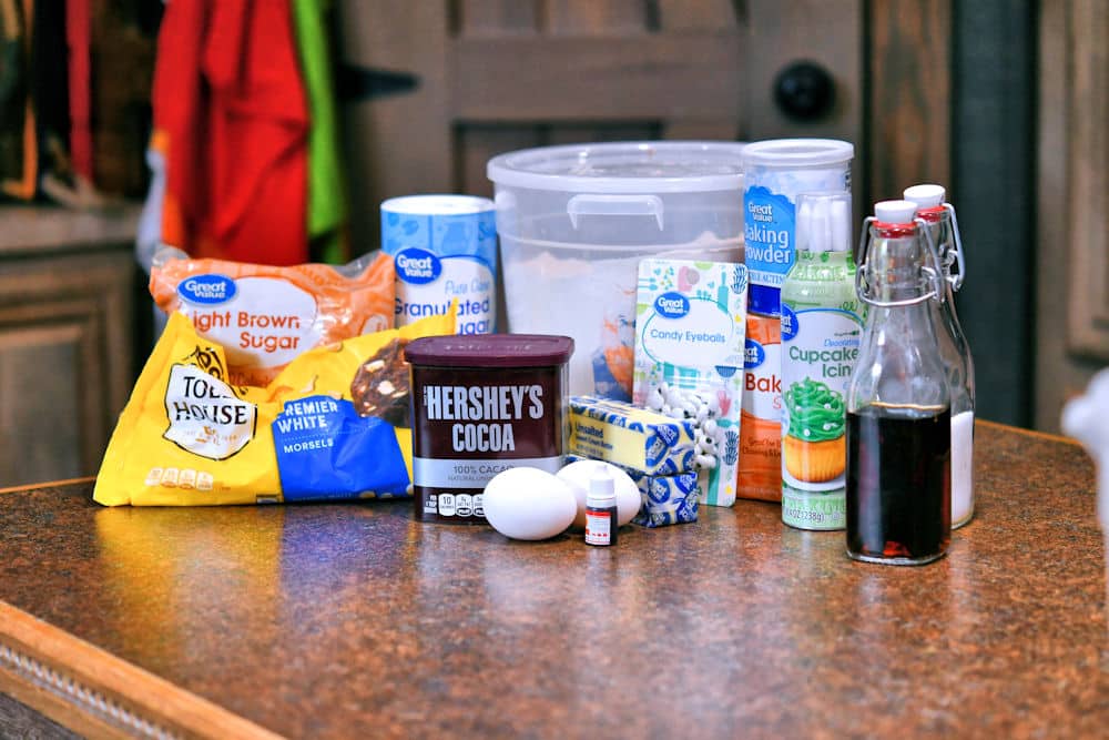 Ingredients for chocolate cookies ready to be measured, as detailed in recipe card.