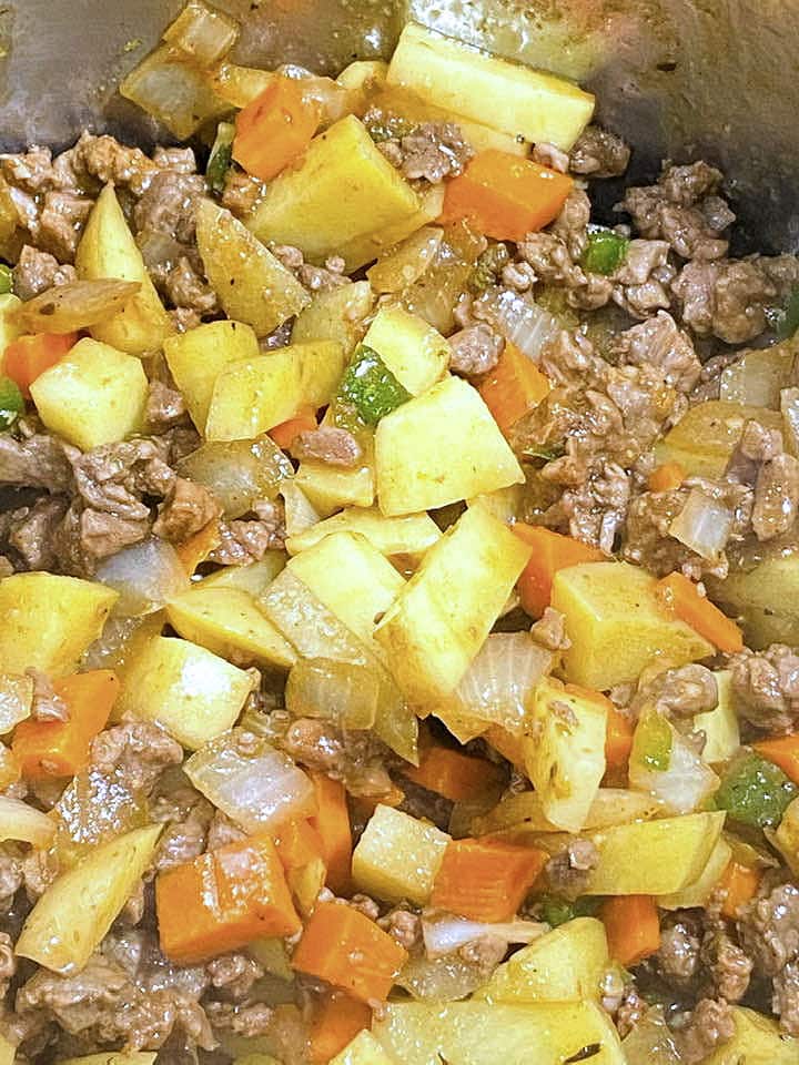 closeup of Mexican picadillo inside the instant pot liner