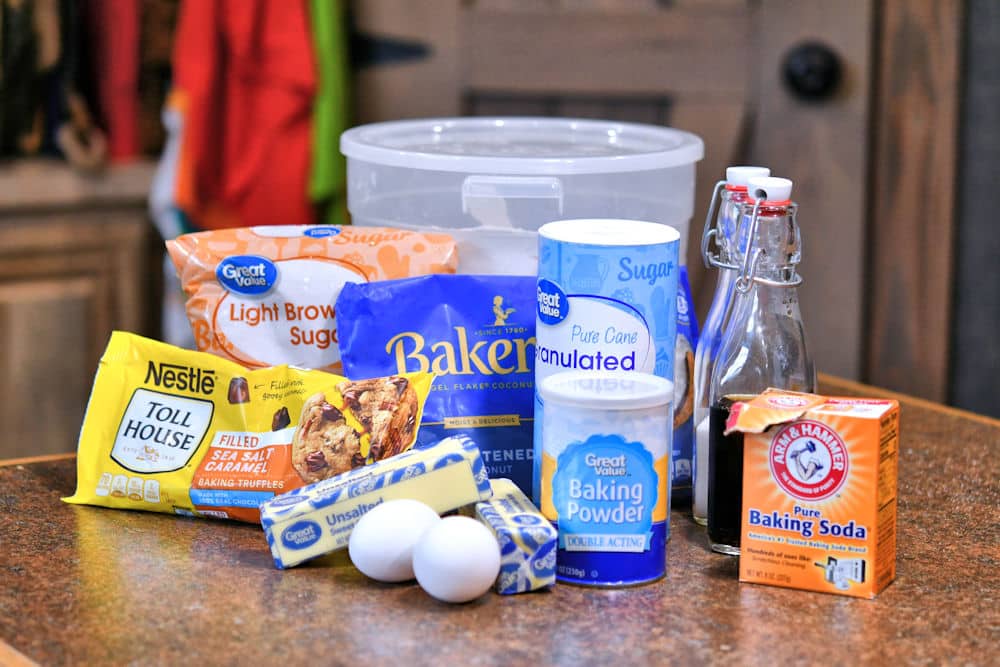 ingredients for coconut caramel cookies, as described in detail in recipe card