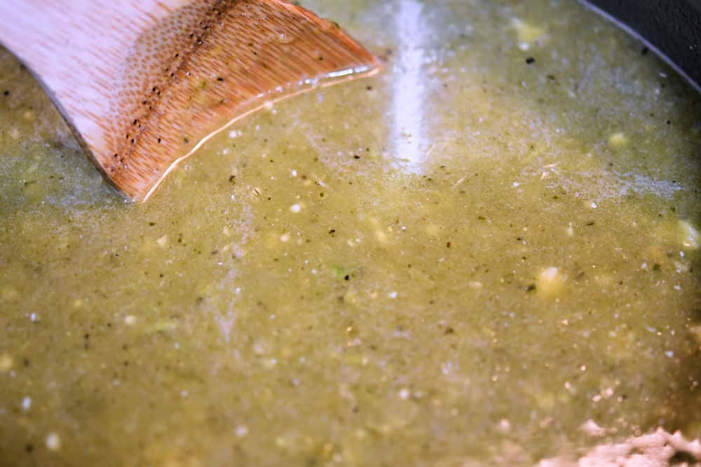green sauce in a skillet, ready to start boiling for Mexican spaghetti