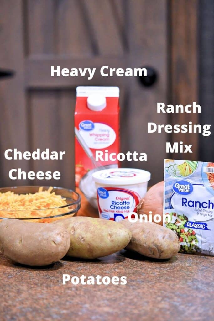 ingredients placed on a counter for cheesy ranch potatoes