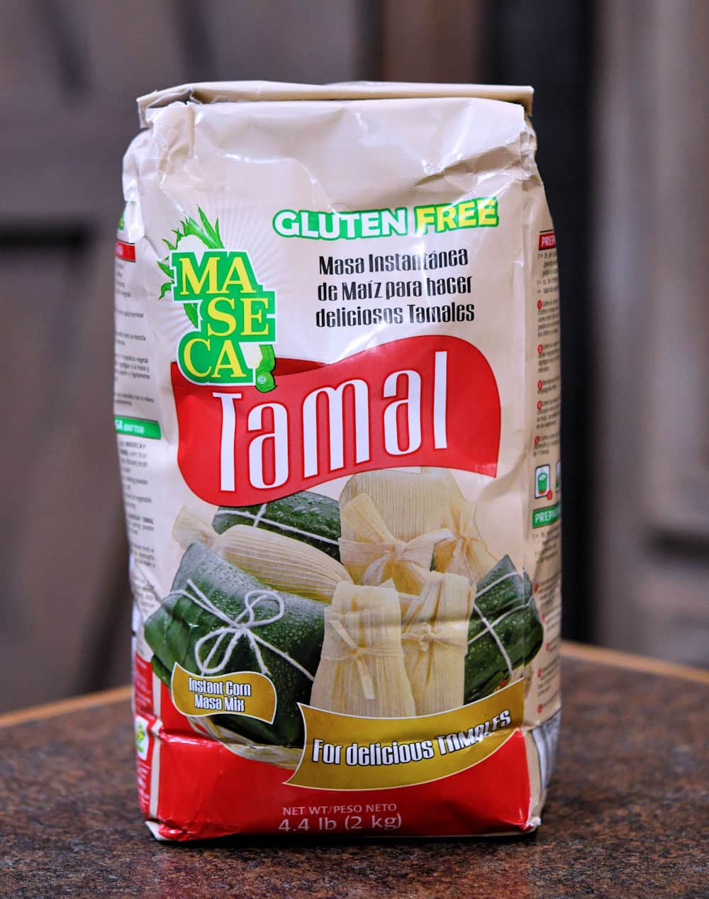 Maseca brand Tamal Masa Harina on a countertop