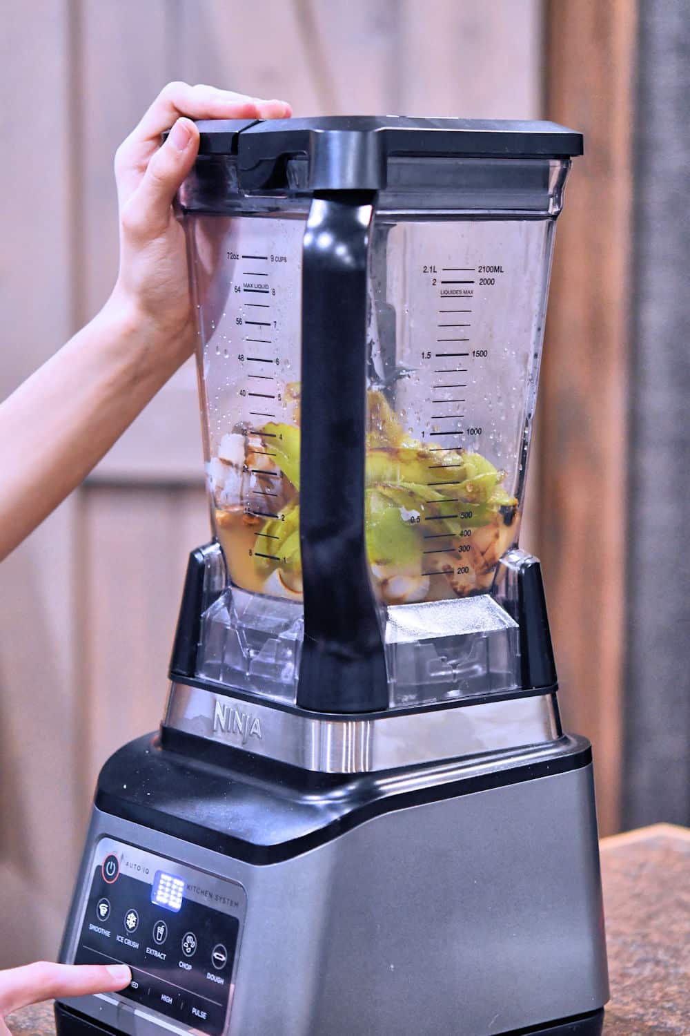 roasted chiles and onions in a blender ready to be processed