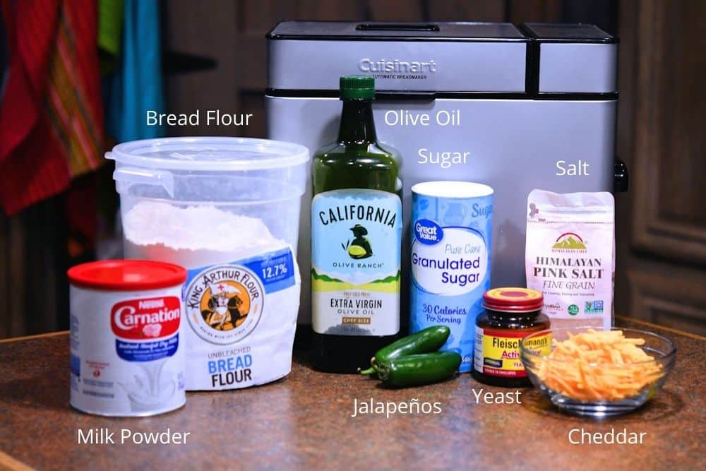 ingredients for jalapeno cheddar bread as shown in the recipe card below