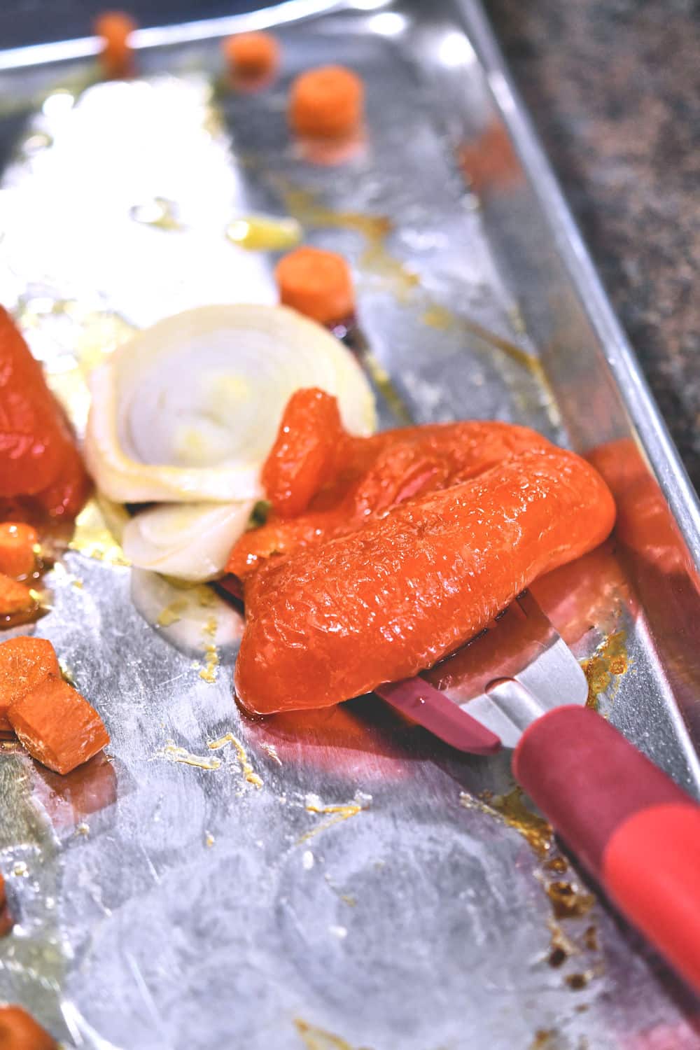 red peppers and onion, roasted and ready for the blender