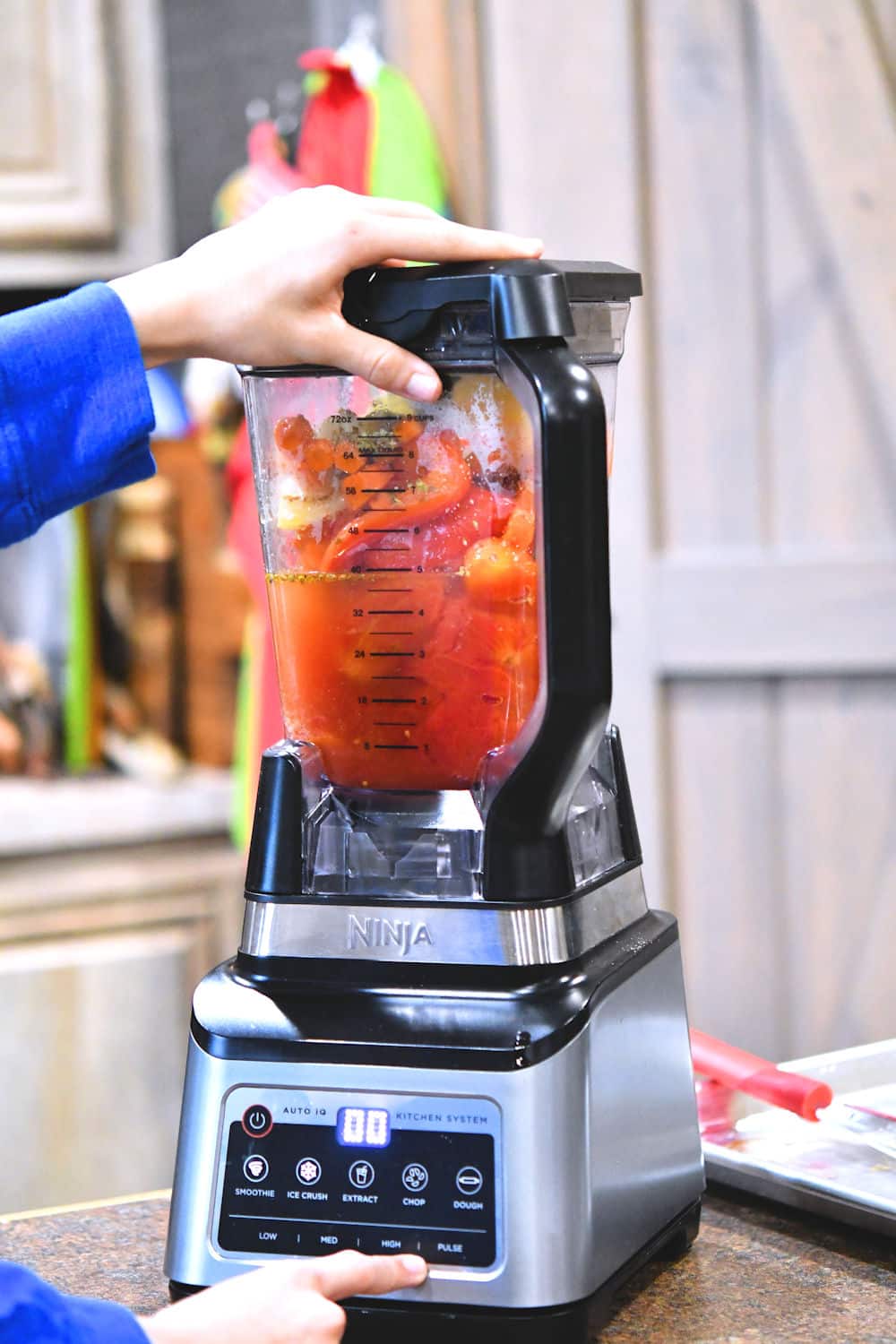 blender with roasted vegetables and tomatoes