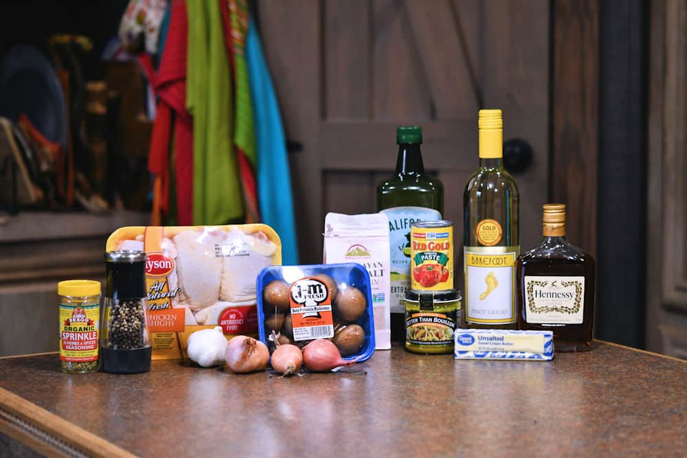 ingredients for chicken chasseur on a countertop