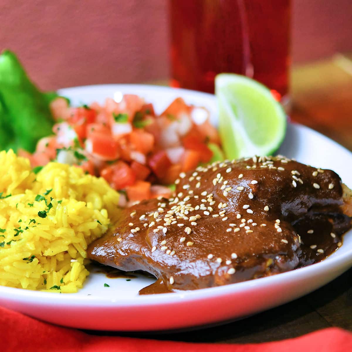 Alternative serving suggestion of chicken mole with a whole chicken thigh, covered in mole sauce and sprinkled with a few sesame seeds.