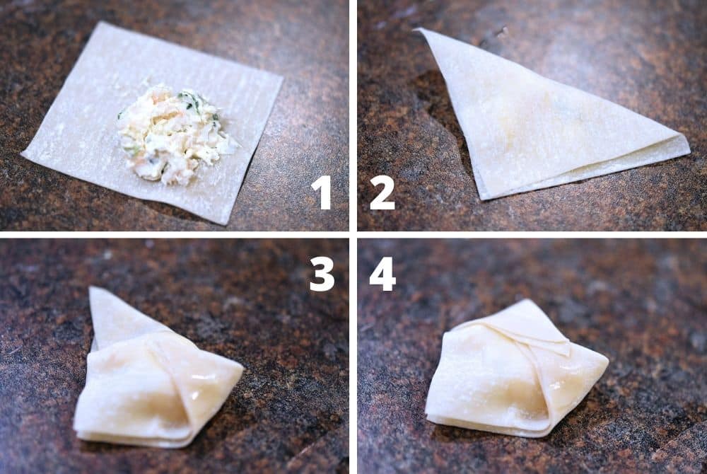 4 step photo collage to wrap rangoon in bonnet shape