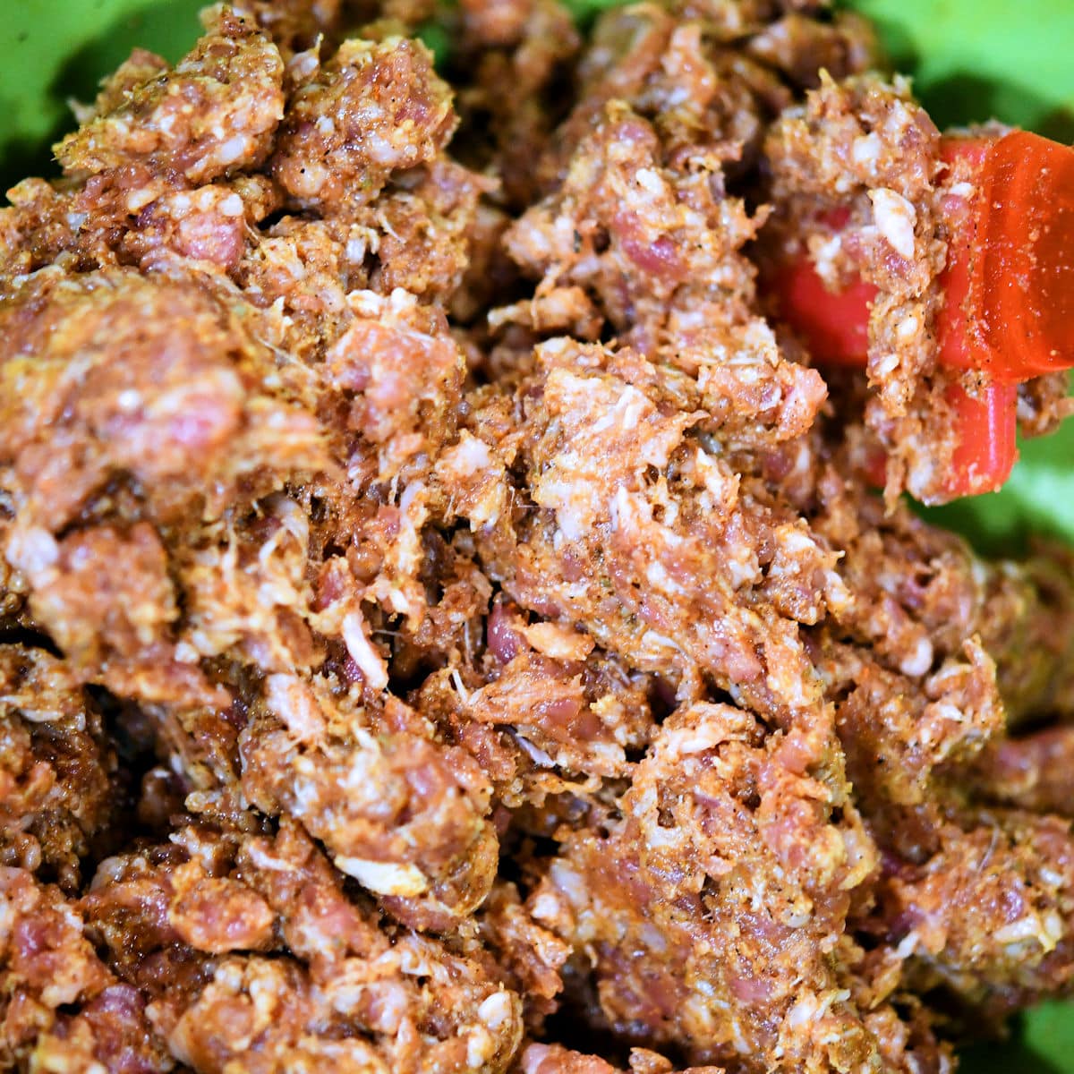 Raw sausage in a bowl, with chorizo spices