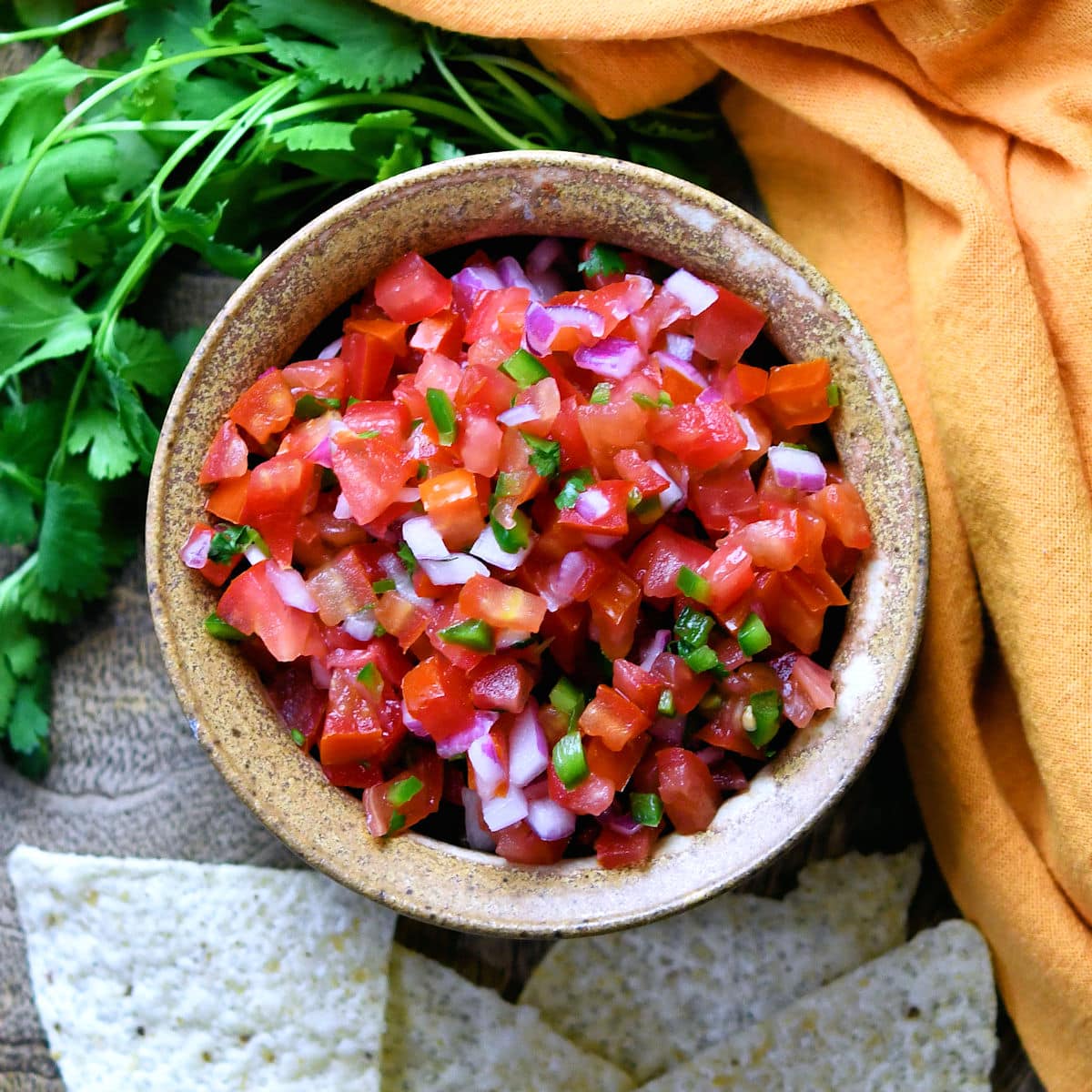 fresh pico de gallo salsa in a brown bowl with corn tortilla chips on the side