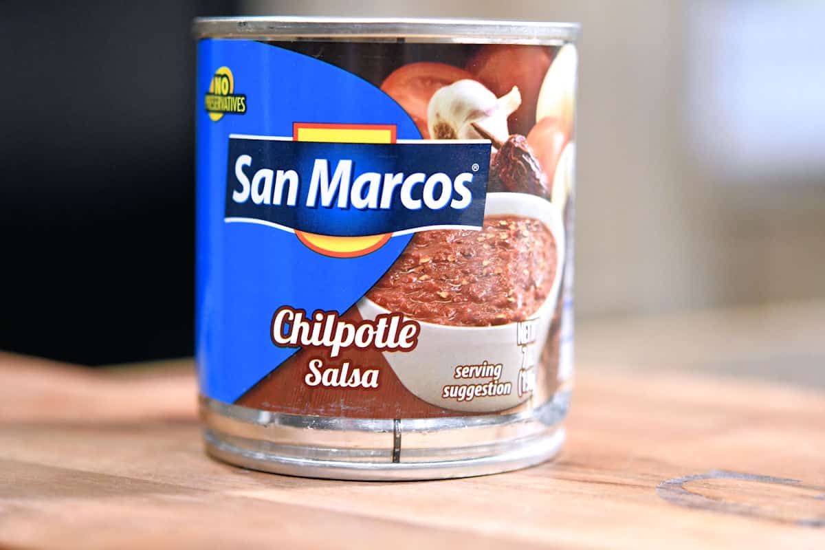 can of San Marcos chipotle salsa, alone, on a countertop