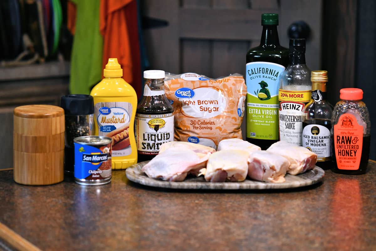 ingredients for honey chipotle as described in recipe, sitting on a countertop