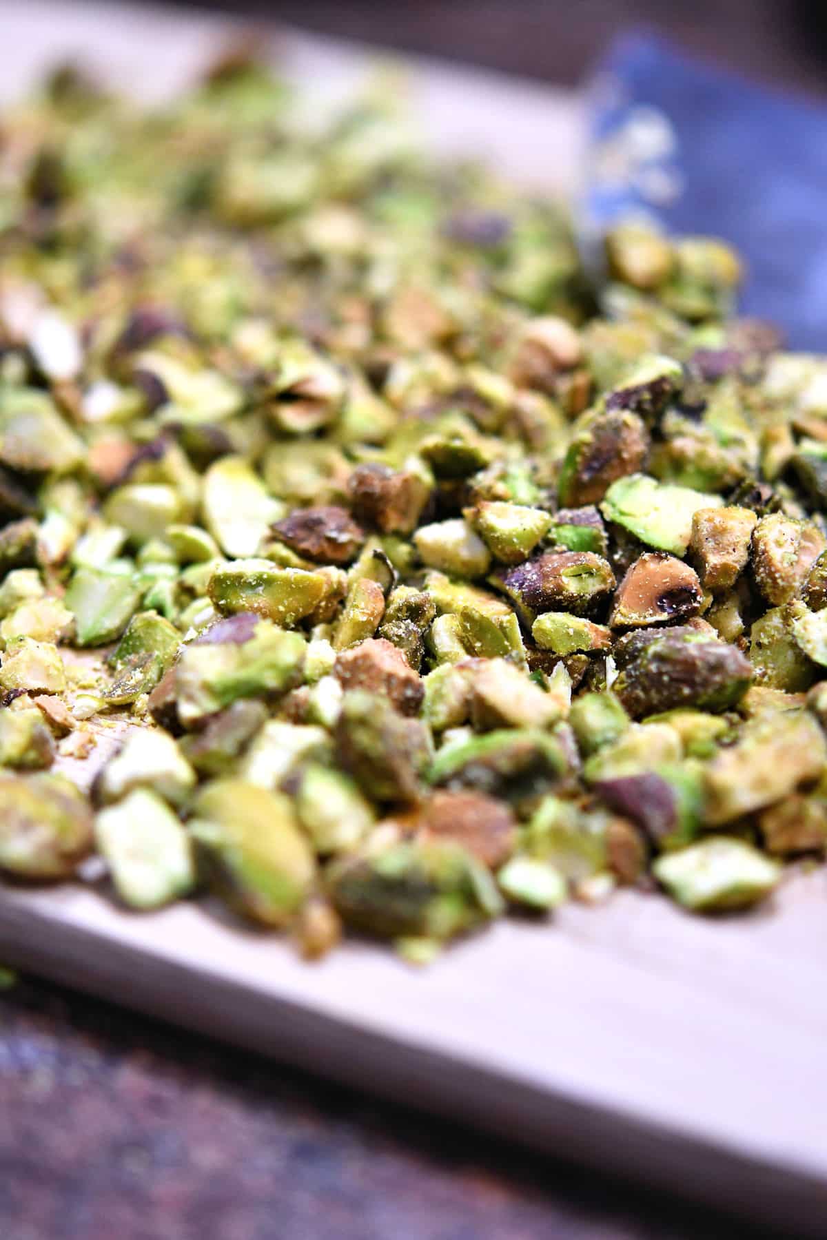 pistachios on a cutting board, freshly chopped