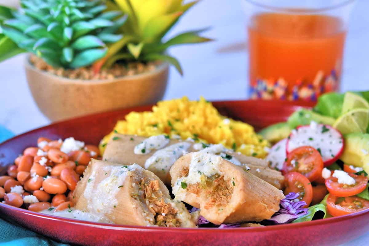 chicken tamales on a red plate with a small salad, pintos and yellow rice