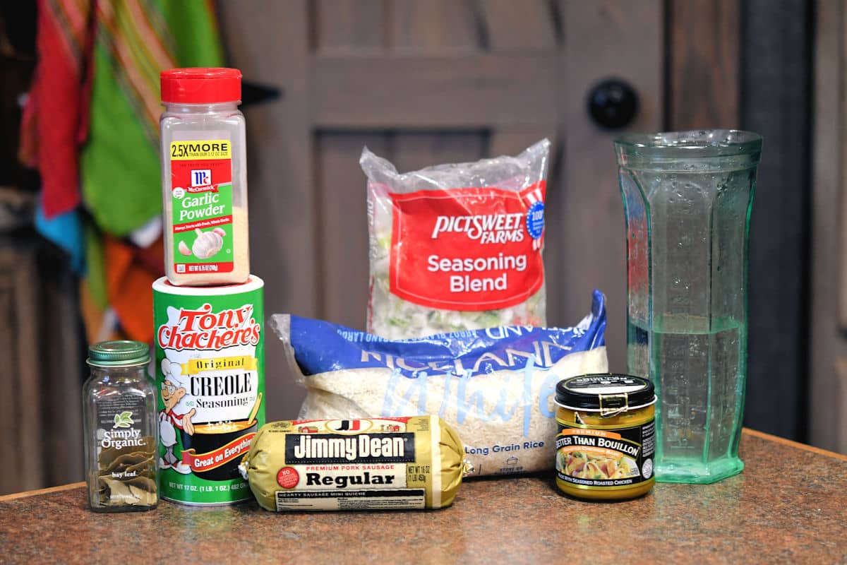ingredients for easy instant pot dirty rice on a counter
