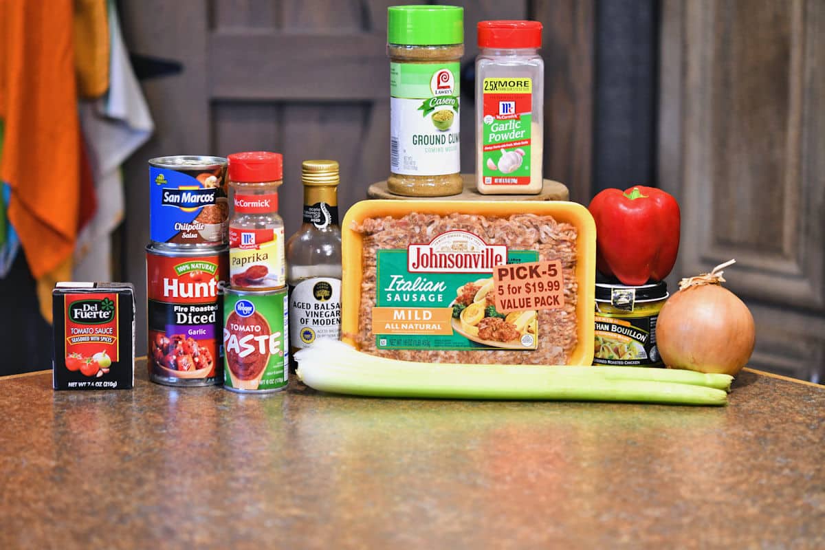 ingredients for Italian Sausage Chili on a countertop