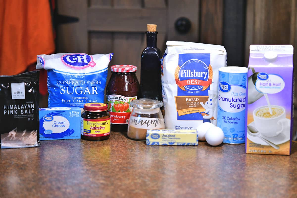 ingredients for strawberry cinnamon rolls on countertop