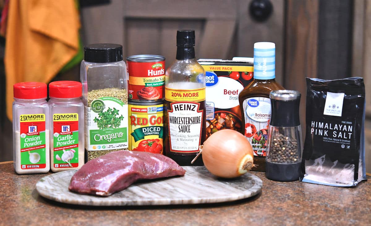 ingredients for venison made in an Instant Pot, displayed on a countertop