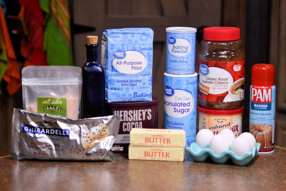 ingredients for chocolate muffins on a countertop