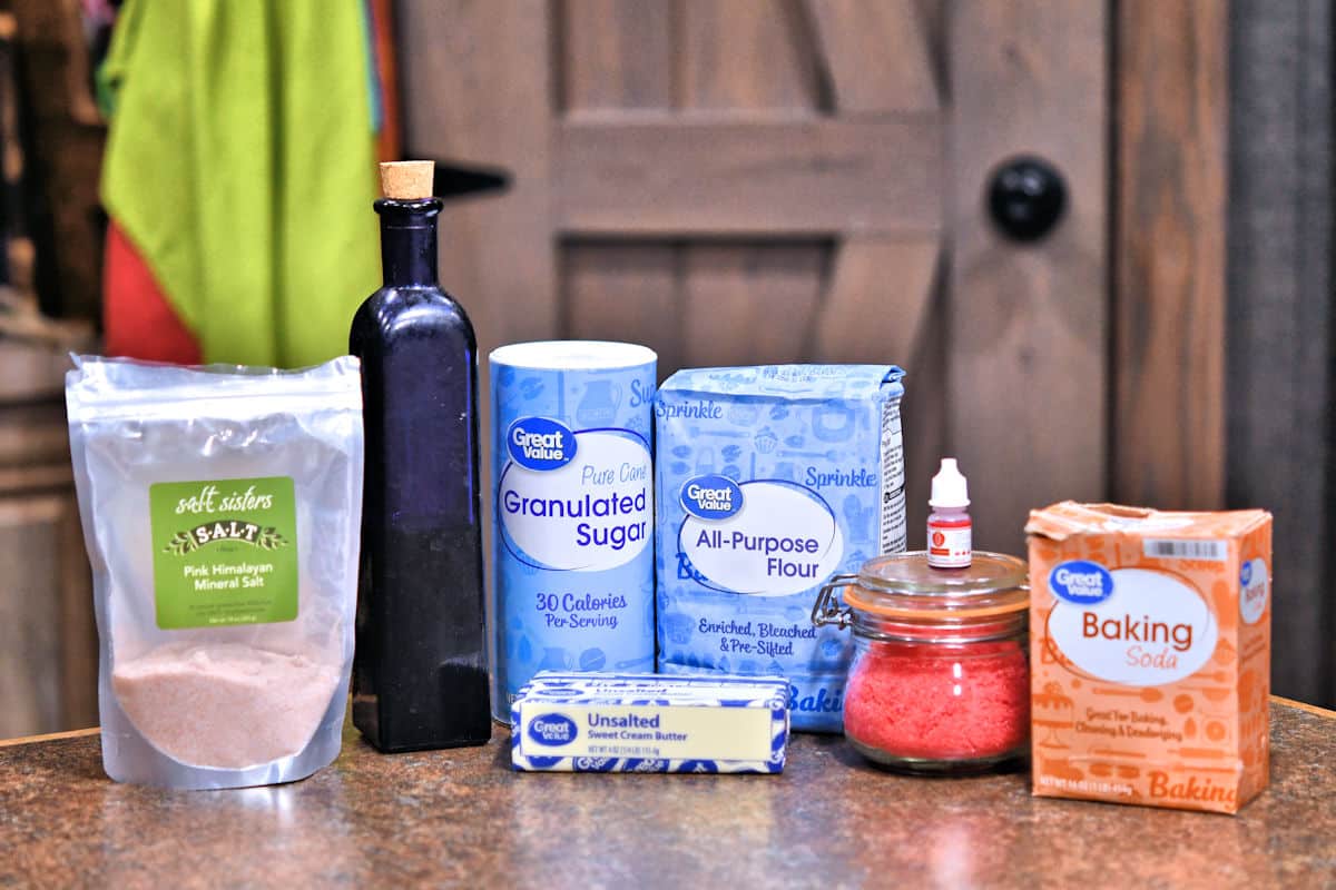 ingredients for polvorones rosas displayed on a countertop