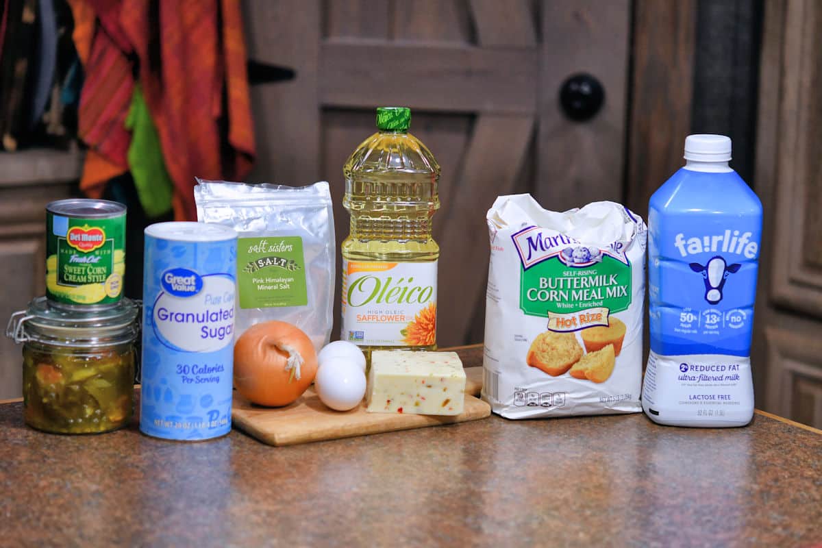 ingredients for jalapeno cheese cornbread on a countertop