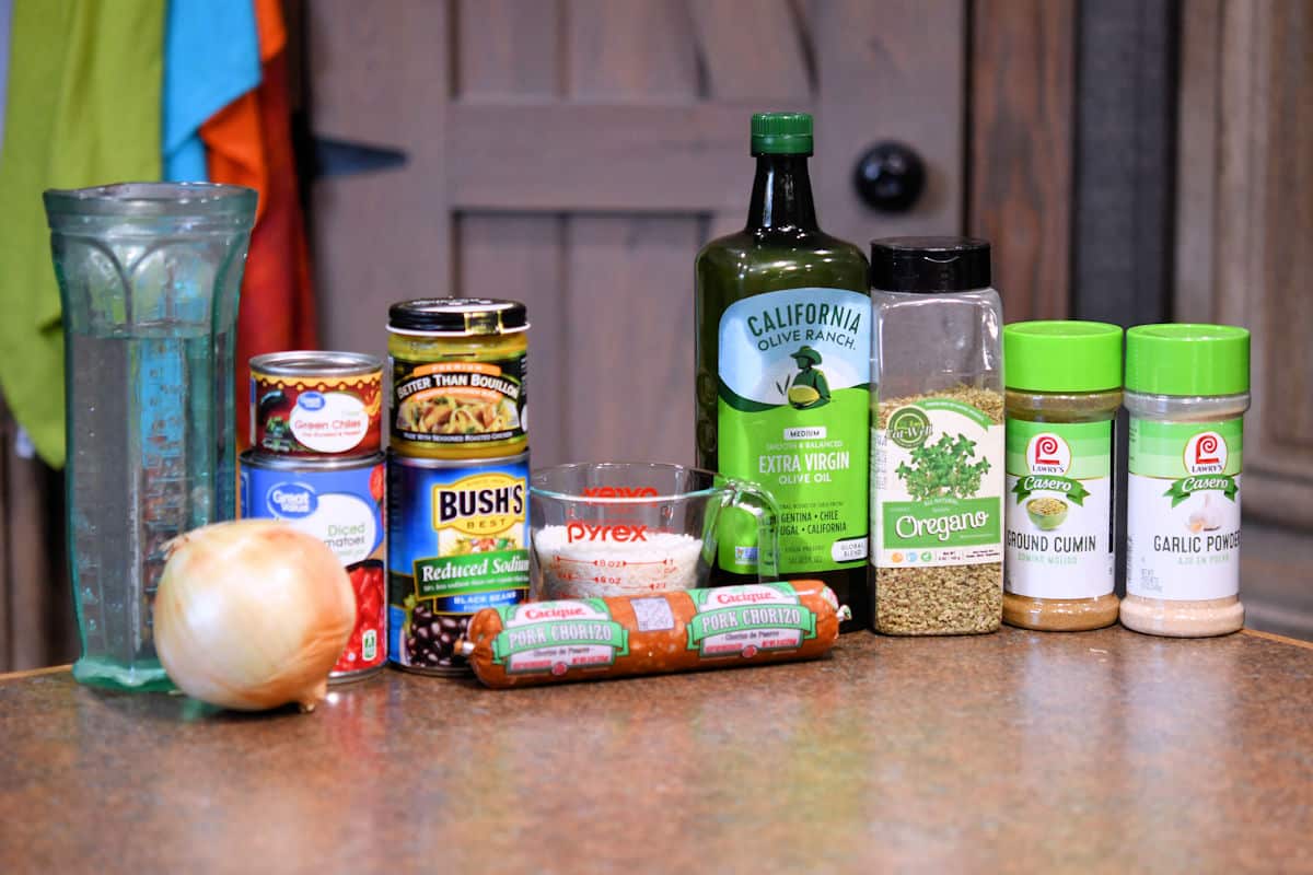 ingredients for Mexican Chorizo Rice on a countertop