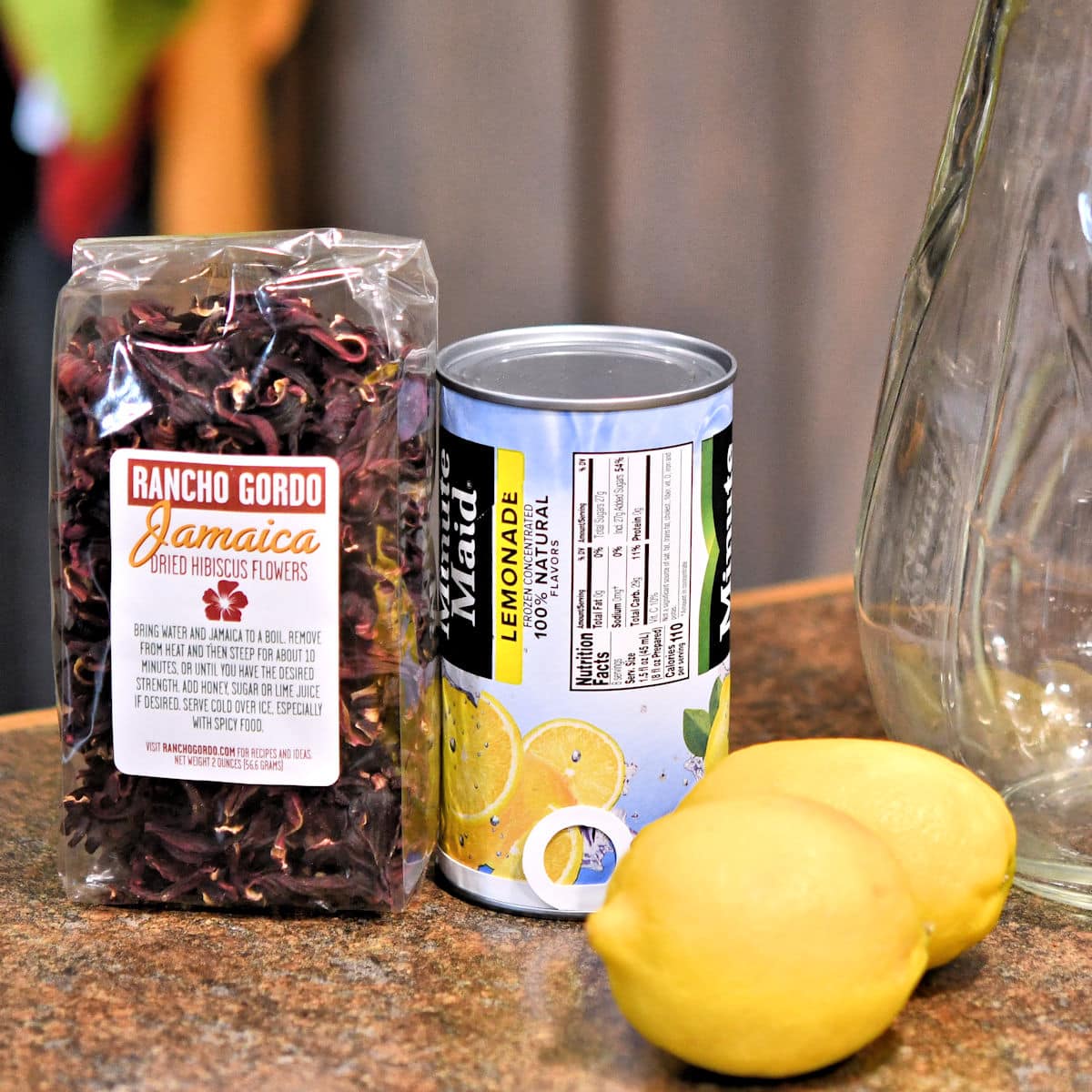 ingredients for hibiscus lemonade on a countertop