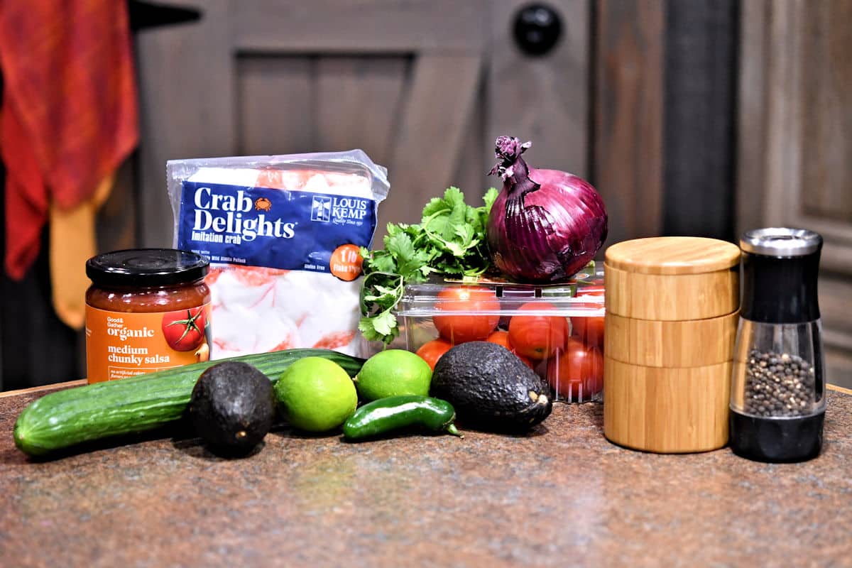 ingredients for imitation crab ceviche, displayed on a countertop