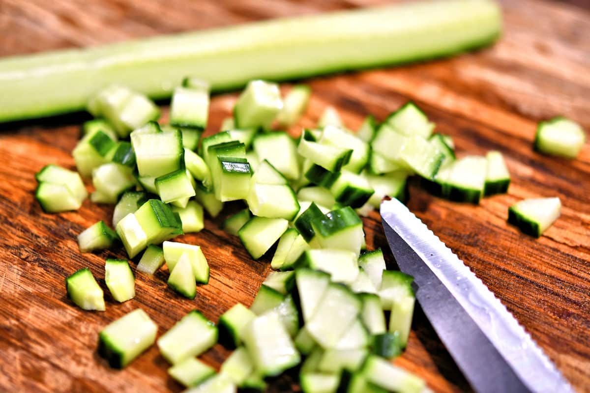 closeup of seeded, chopped cucumber