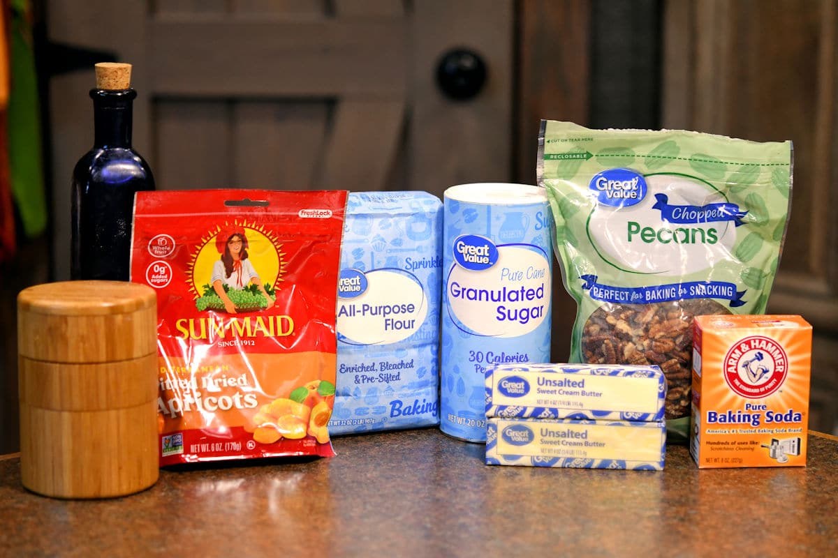 ingredients for apricot pecan shortbread cookies on a countertop