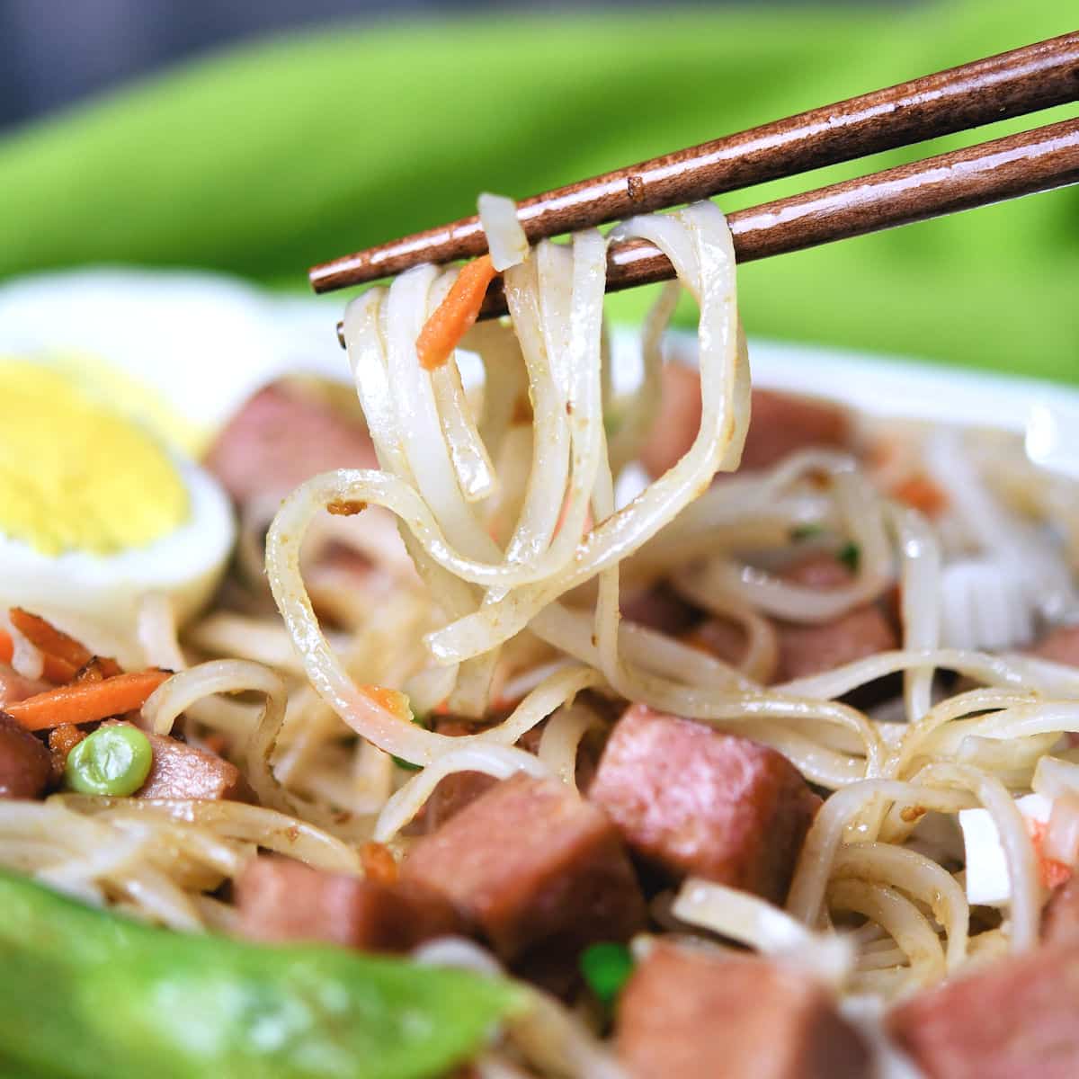 close up of fried noodles being eaten with chopsticks