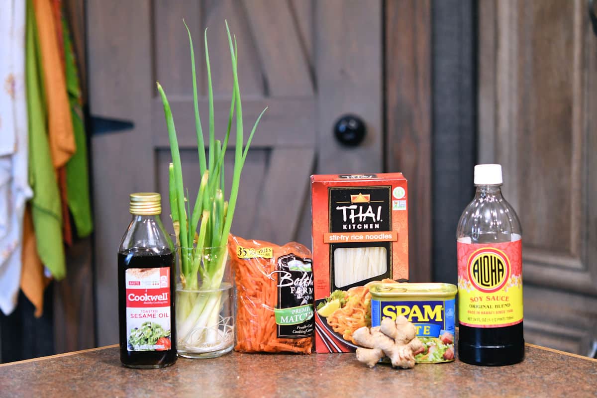 ingredients for fried noodles on a countertop