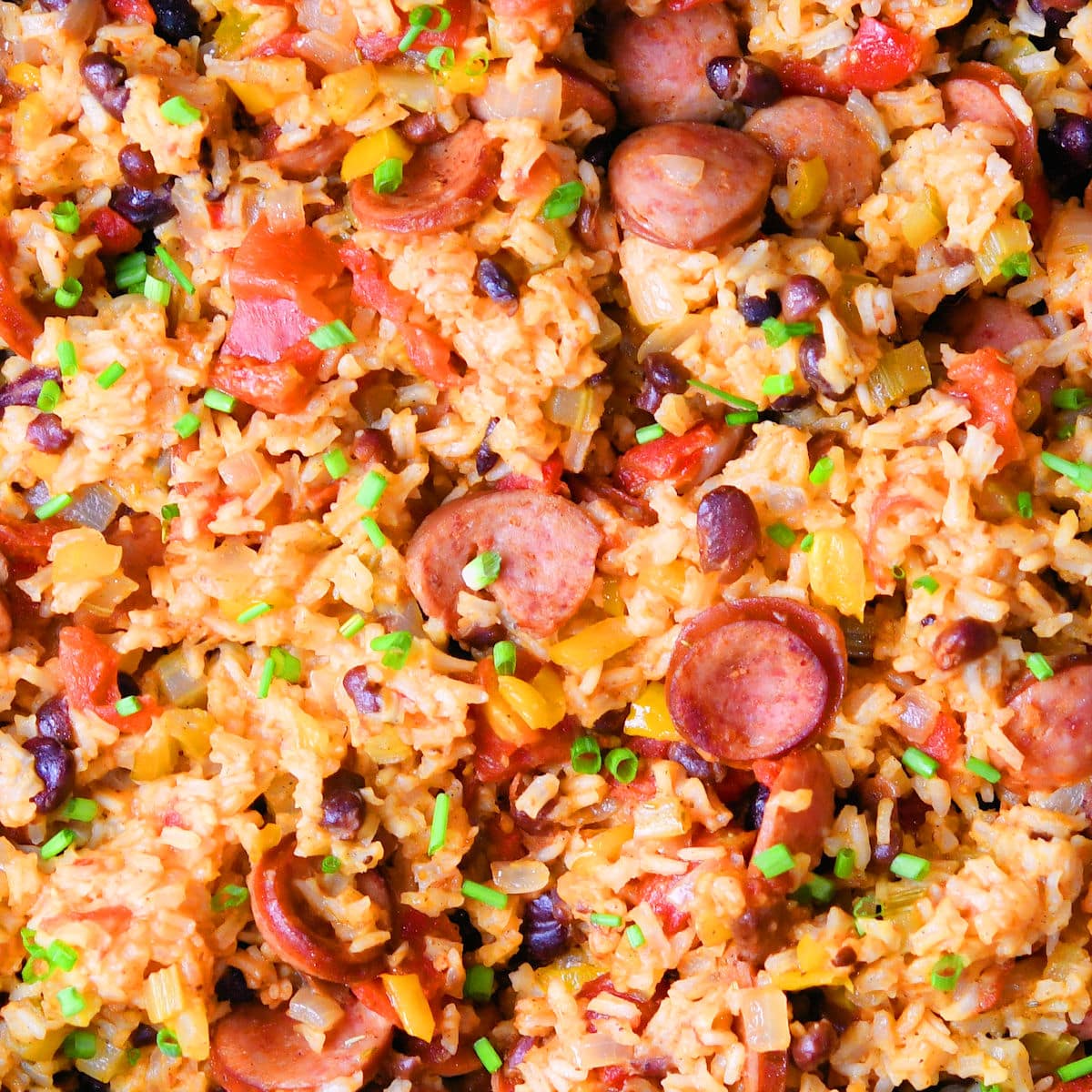 closeup of finished creole sausage jambalaya