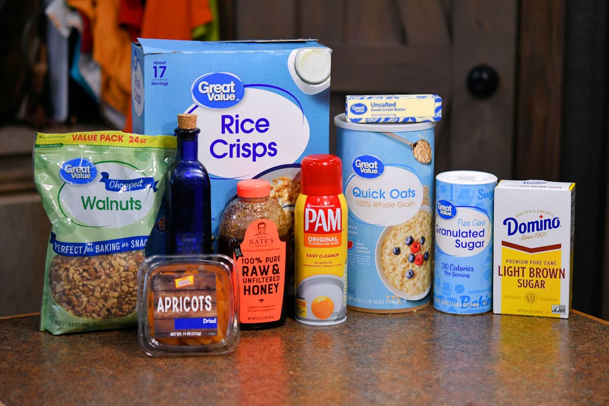 ingredients for apricot granola bars on a countertop