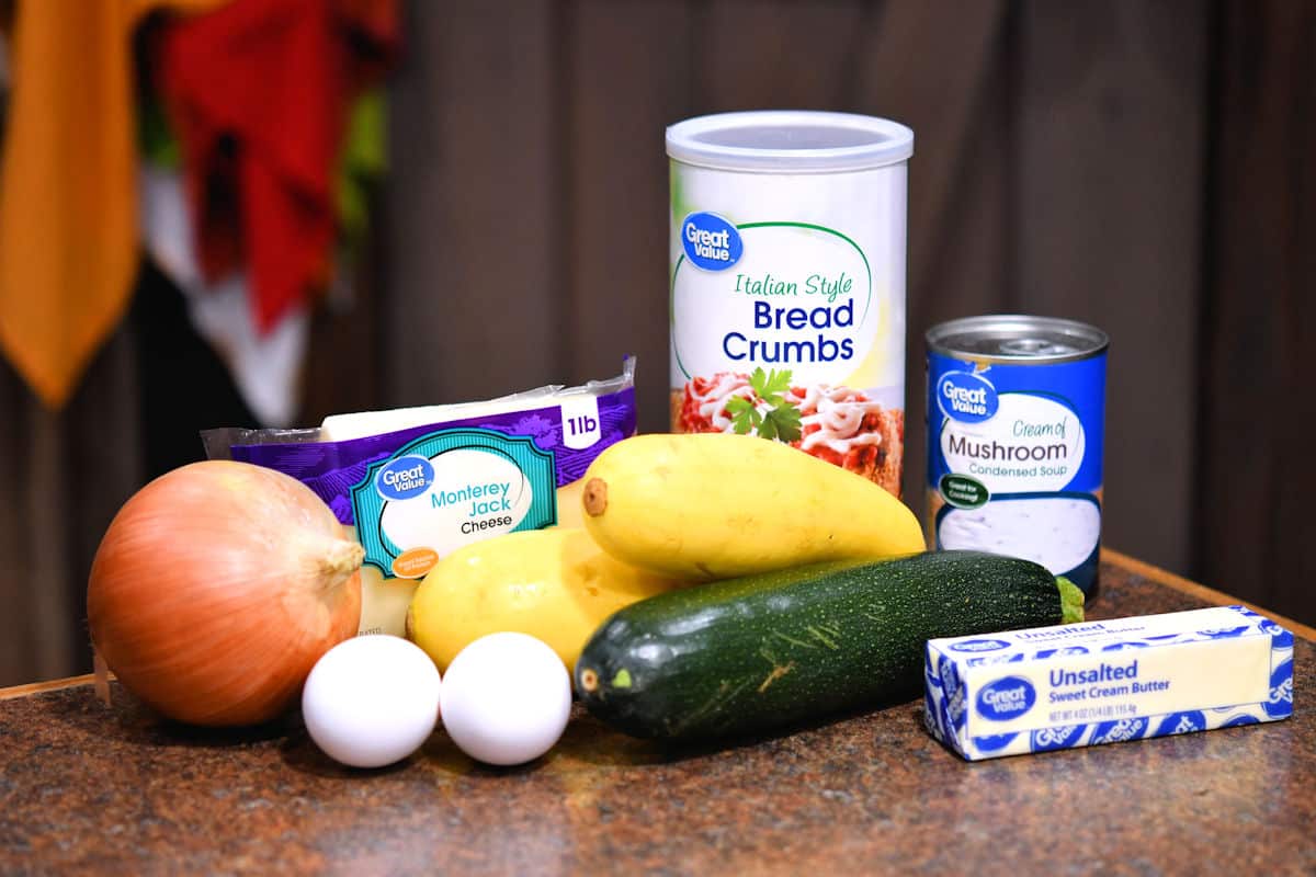 ingredients for zucchini casserole on a countertop